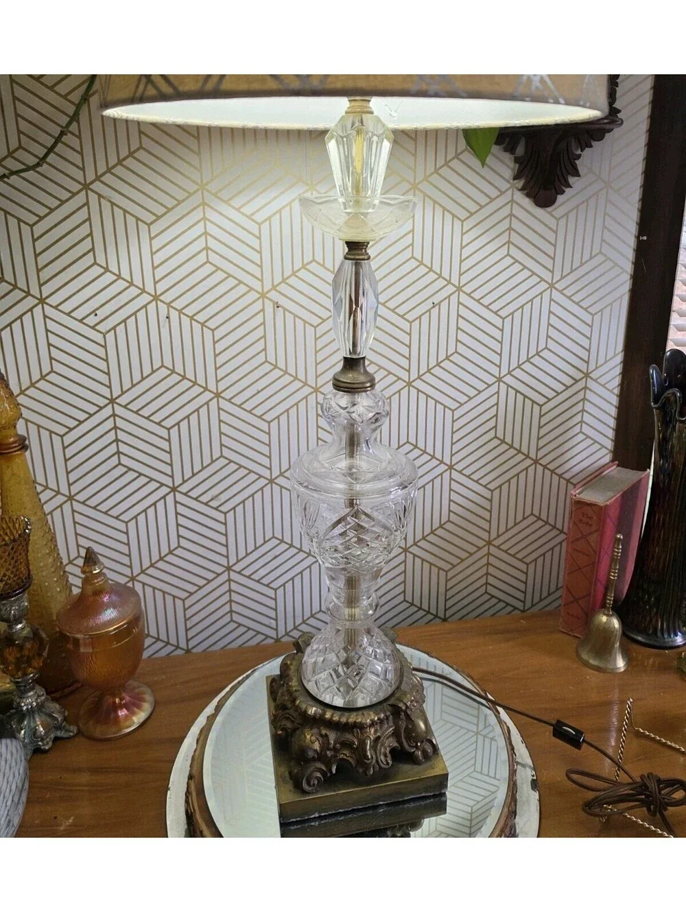 Vintage Hollywood Regency Brass And Cut Crystal And Glass Tall Table Lamp